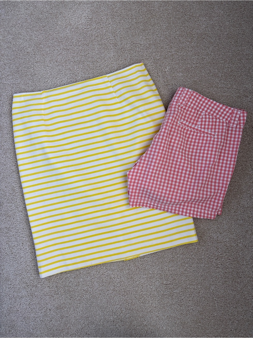 Size 10 summer orange gingham J Crew shorts & yellow striped pencil skirt
